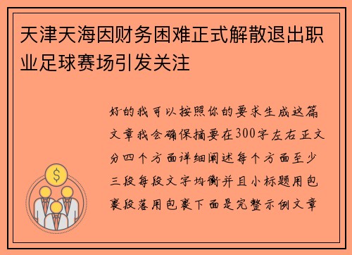 天津天海因财务困难正式解散退出职业足球赛场引发关注 天津天海因财务困难正式解散退出职业足球赛场引发关注